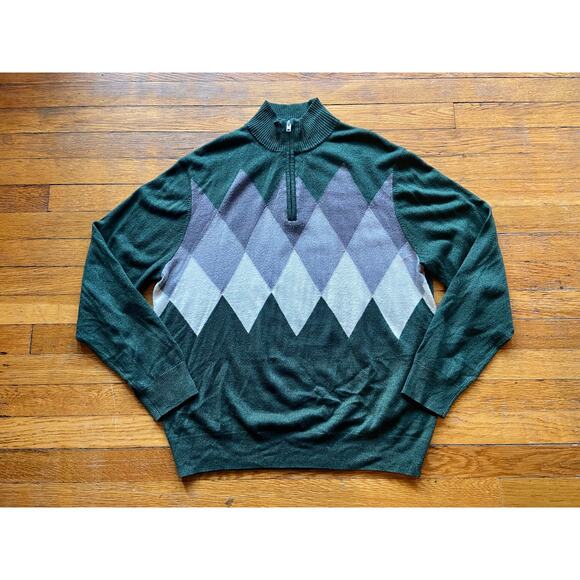 DOCKERS Green/Gray Argyle 1/4 Zip Sweater Mens sz XL - Picture 1 of 10